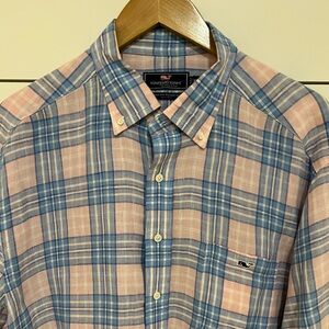Vineyard Vines Spring Classic Fit Tucker Pink Blue White Plaid Linen Shirt XL